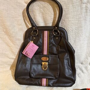 HAUTE SHORE Dark Brown Shoulder Bag with Pink & Tan Stripe